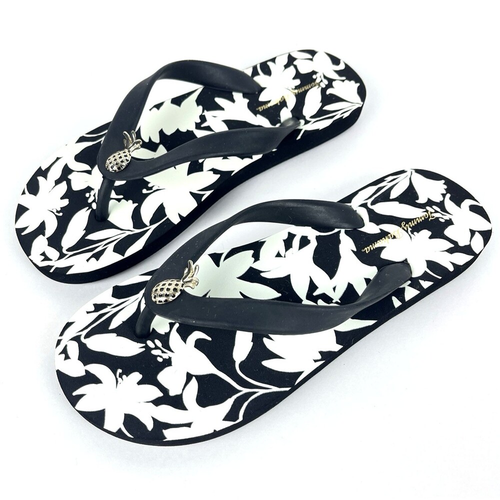 TOMMY BAHAMA Flip flop Sandals Womens SZ 6 Black White Tropical Pineapple Charm